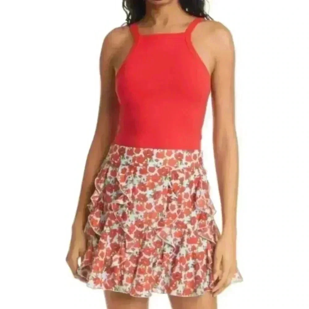 Alice + Olivia Cabot Halter Neck Knit Tank Top Bright Poppy Red Crop Top…